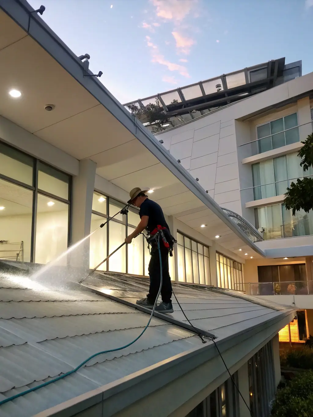 A roof being gently soft washed, highlighting the delicate cleaning process used by Sgt Simmons.