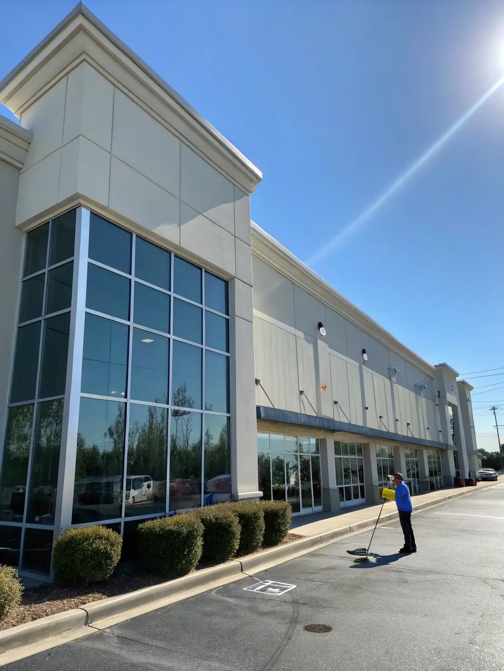 A commercial building with a clean facade and parking lot, demonstrating the impact of Sgt Simmons' commercial power washing.